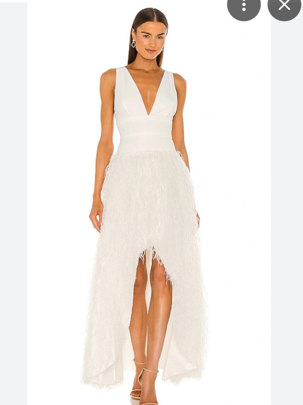 BCBGMaxAzria Off-White V-Neck High-Low Feathered Gown